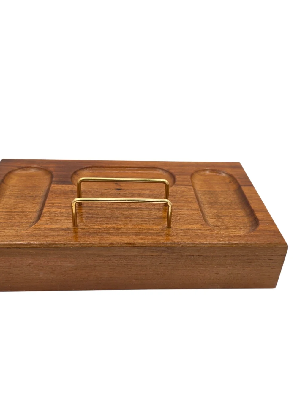Vintage Wooden Jewelry Tray Mens  Valet with Red Velvet Interior and Gold Handle